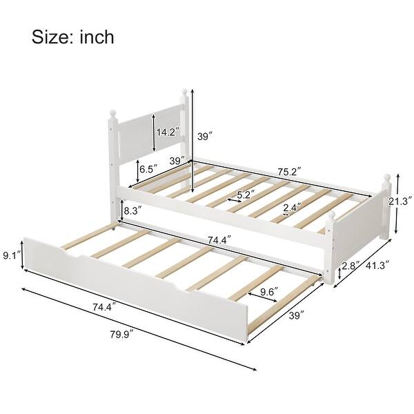Twin Size Platform Bed Frame with Headboard and Trundle for Teens, Solid Wood Slat Support Bed White Frame Bed
