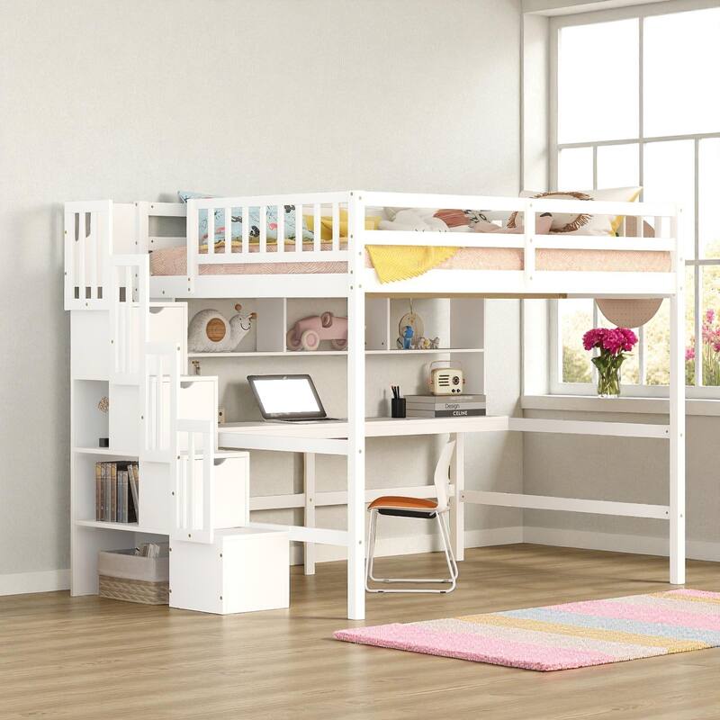 Full Size Wooden Loft Bed with Desk, Storage Shelves, and Staircase, Solid Pine Frame with Guardrails