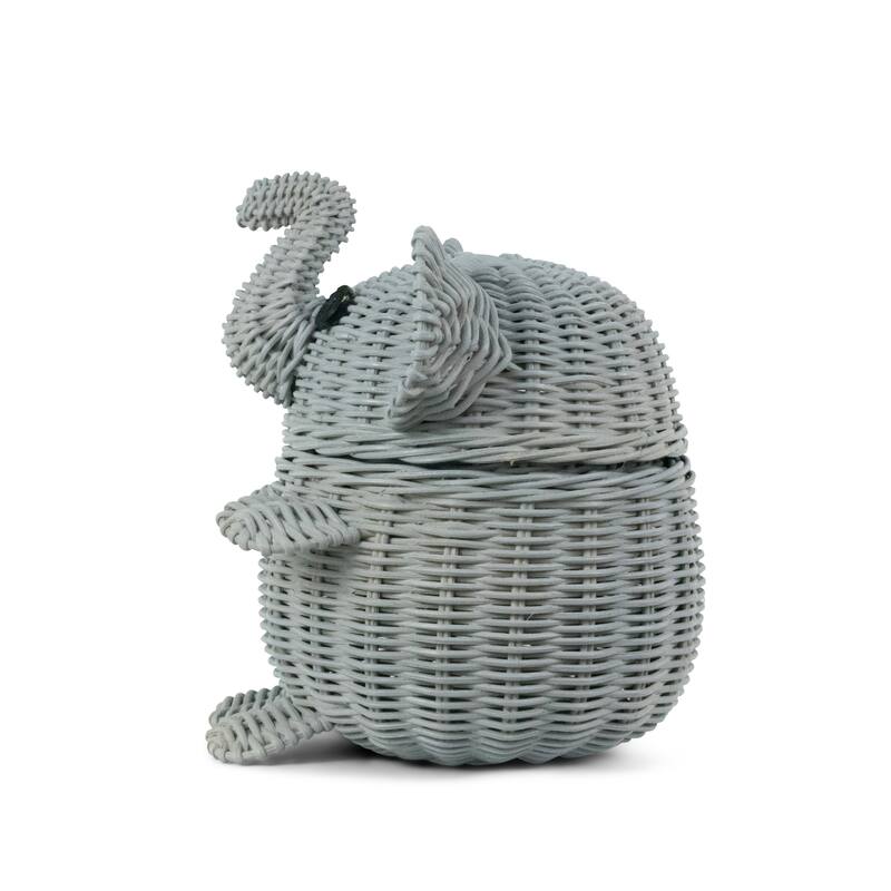 Gray Elephant Rattan Storage Basket With Lid Hand Woven Shelf Organizer Cute Handmade Gift Wicker