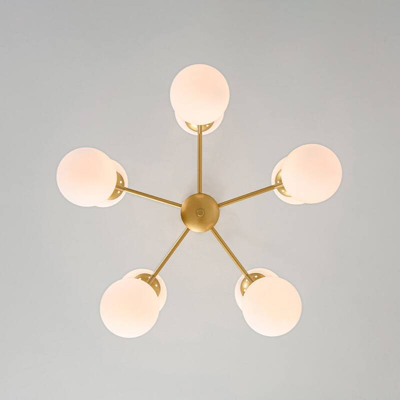 Mid-Century 10-Light Milky Glass Globe Round Branched Chandelier