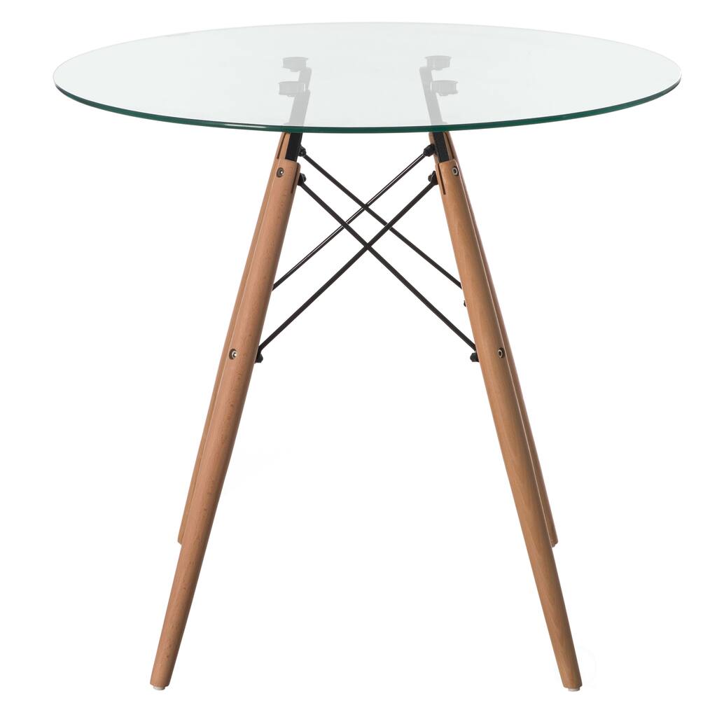 Round Clear Glass Top Accent Dining Table with 4 Beech Solid Wood Legs | Modern Space Saving Small Leisure Circle Desk