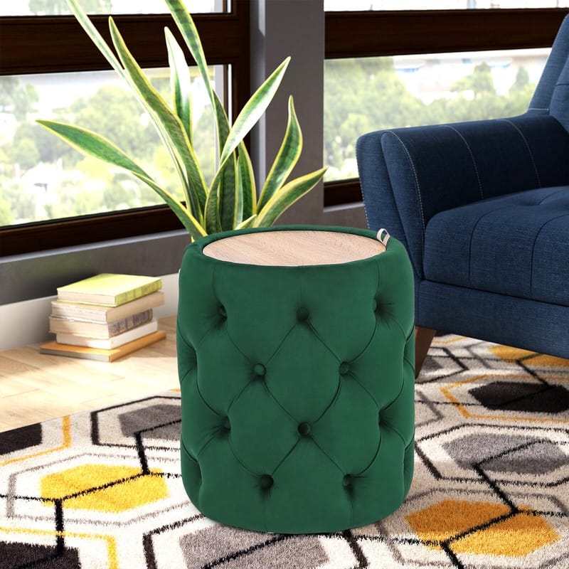 Adeco Round Storage Velvet Ottoman Removable Wooden Lid Coffee Table