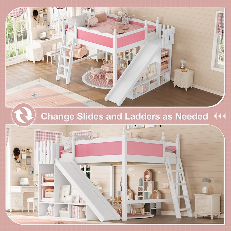 Full/Queen Loft Bed with Storage Shelves, Cabinet & Detachable Slide, Solid Wood Loft Bed with Ladders, No Box Spring