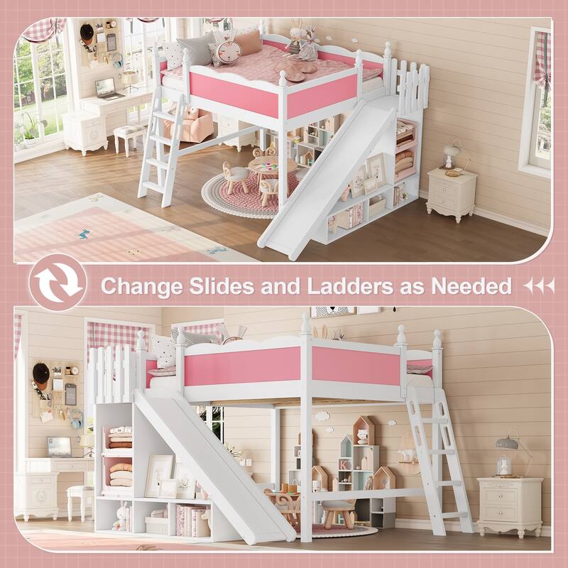 Modern High Loft Beds with Full Length Guardrails, Solid Wood Storage Loft Bed Frame with Detachable Slide and Ladders