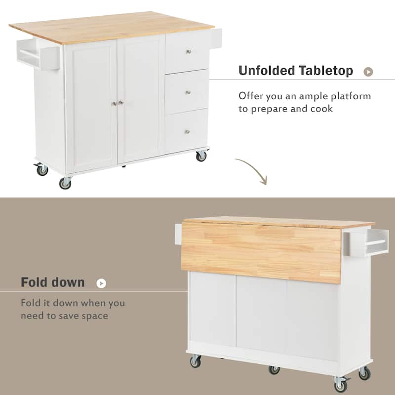 Rolling Kitchen Island with Solid Wood Top, Storage Cabinet and Drop Leaf Bar w/Spice Rack, Towel Rack for Living Room