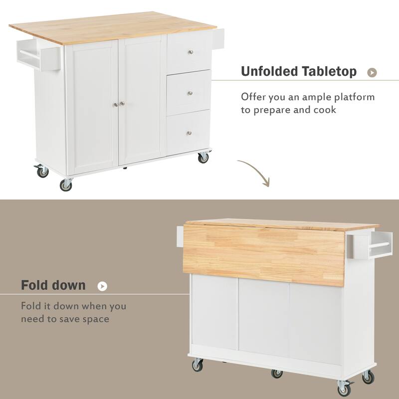 Solid Wood Top Drop Leaf Kitchen Island on Wheels, Rolling Kitchen Cart with Storage Cabinet, Drawers, Spice Rack and Towel Rack