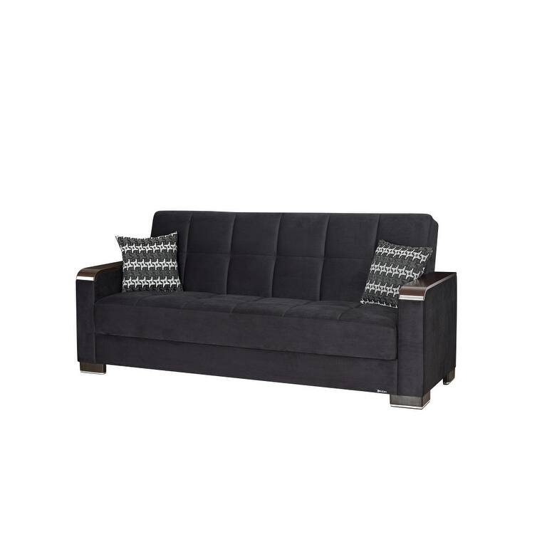 HomeRoots 87" Black Microfiber Convertible Futon Sleeper Sofa And Toss Pillows With Storage