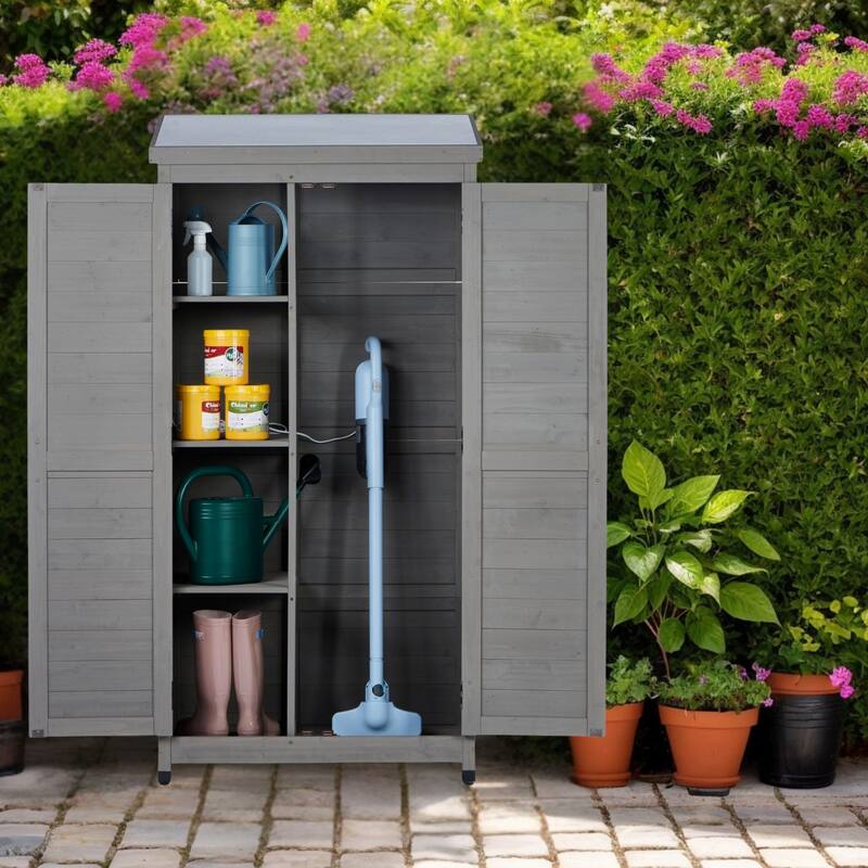 Outdoor Wooden Storage Shed with Metal Top Tall Vertical Tool Cabinet for Backyard Garden Patio Lawn