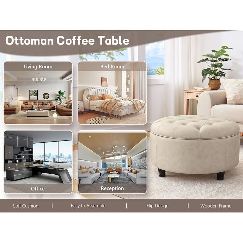 Tufted Round Storage Ottoman, Faux Leather