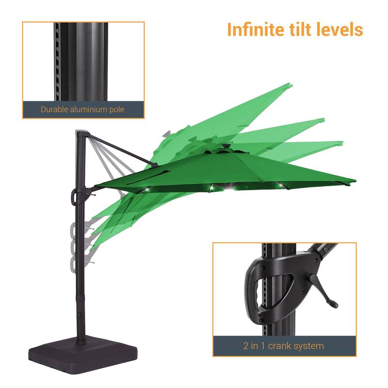 LIVOOSUN 11Ft LED Patio Hanging Octagon Cantilever Umbrella with 360-degree Rotating Canopy