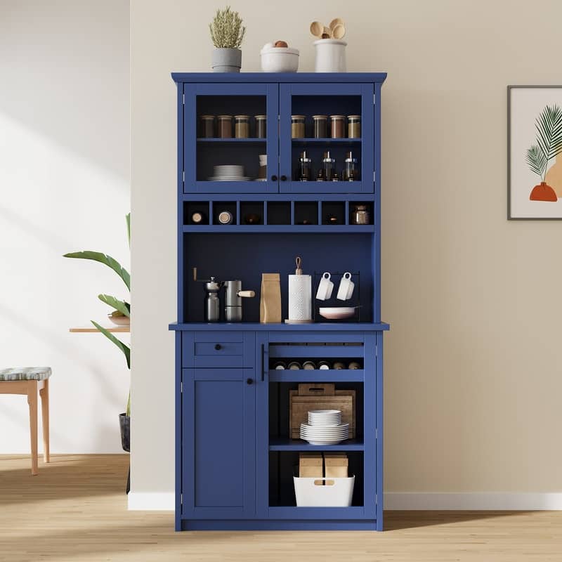 Farmhouse 74.8" Tall Kitchen Pantry with Hutch, Freestanding Kitchen Storage Solution for Modern Homes - Blue