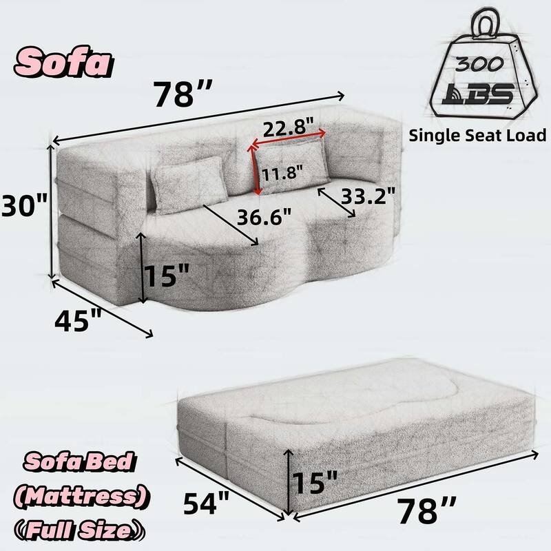 Modern Floor Sofa with 2 Pillows,Convertible Sleeper Sofa Bed