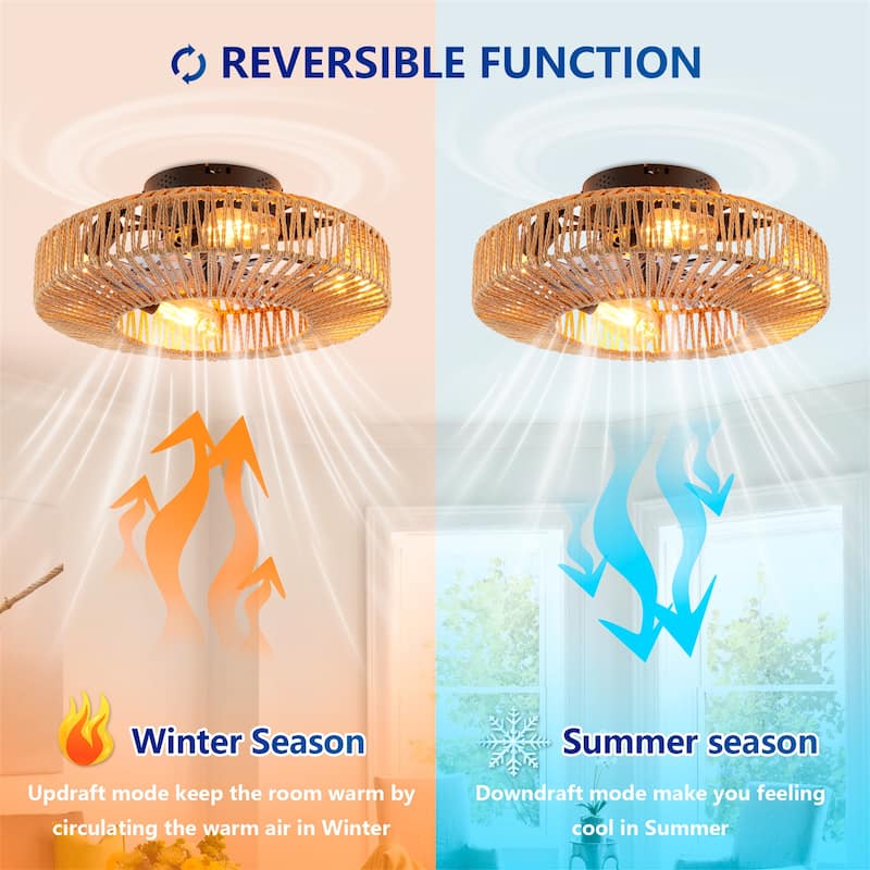 20" Rope Caged Ceiling Fans with Remote and Low Profile Chandelier 6 Speed, NOT Included Bulbs