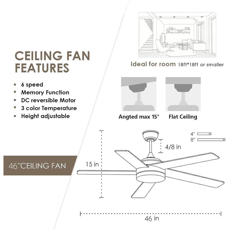 46 Inches Downrod Ceiling Fan with Light and Remote,Quiet DC Motor,Reversible Blades - 46 Inches
