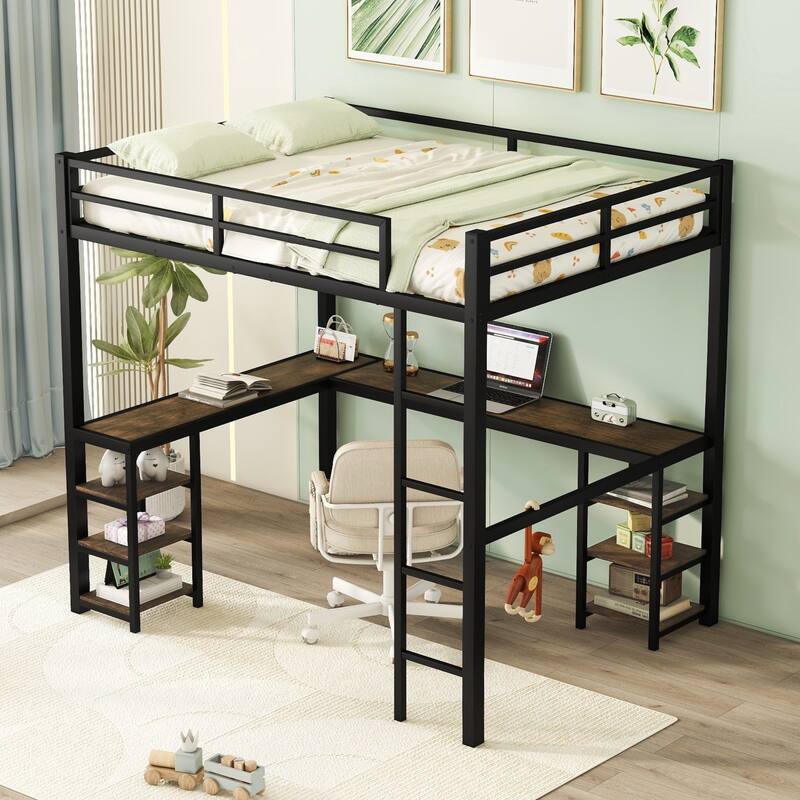 Full Metal L-Shaped Loft Bed with Desk and Shelves, Guardrails