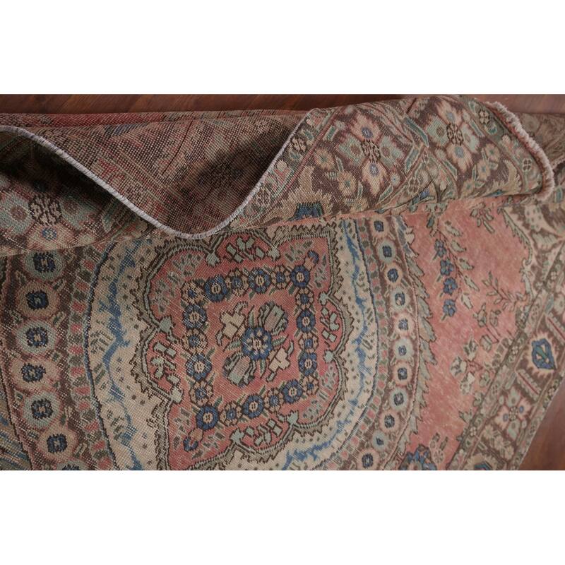 Pink Tabriz Vintage Persian Area Rug Hand-Knotted Wool Carpet - 6'8" x 9'9"