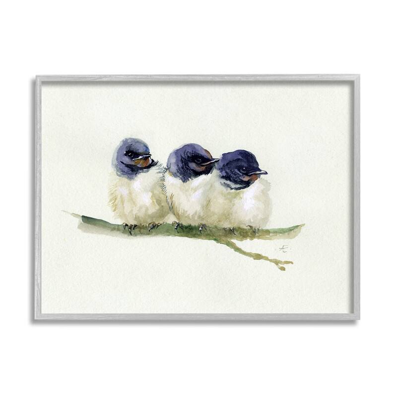 Stupell Trio of Baby Swallows Birds Perched on Branch Framed Wall Art - Blue - 24 x 30 - Grey