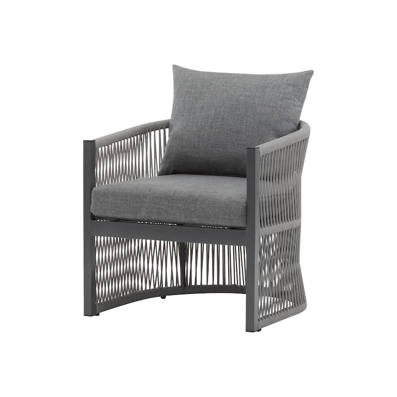 [Set of 2] Modern Beige Curved Aluminum Lounge Chair w/ Stylish Rope-Weave Design & Cushioned Comfort for Backyard, Poolside