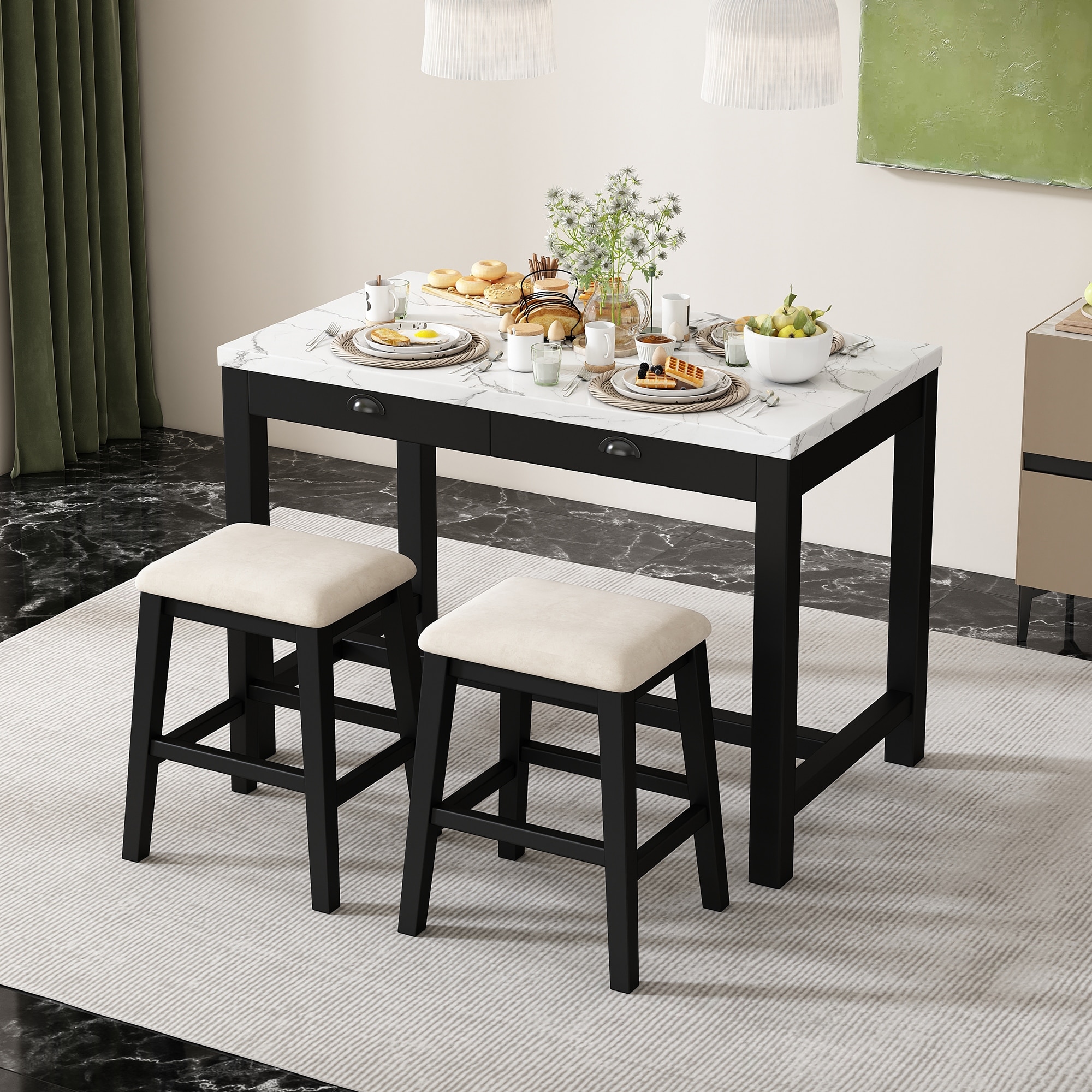 3 Pcs Counter Height Dining Table Set, Breakfast Nook Table Set for 2, Marble Table with Storage Drawers and 2 Padded Stools