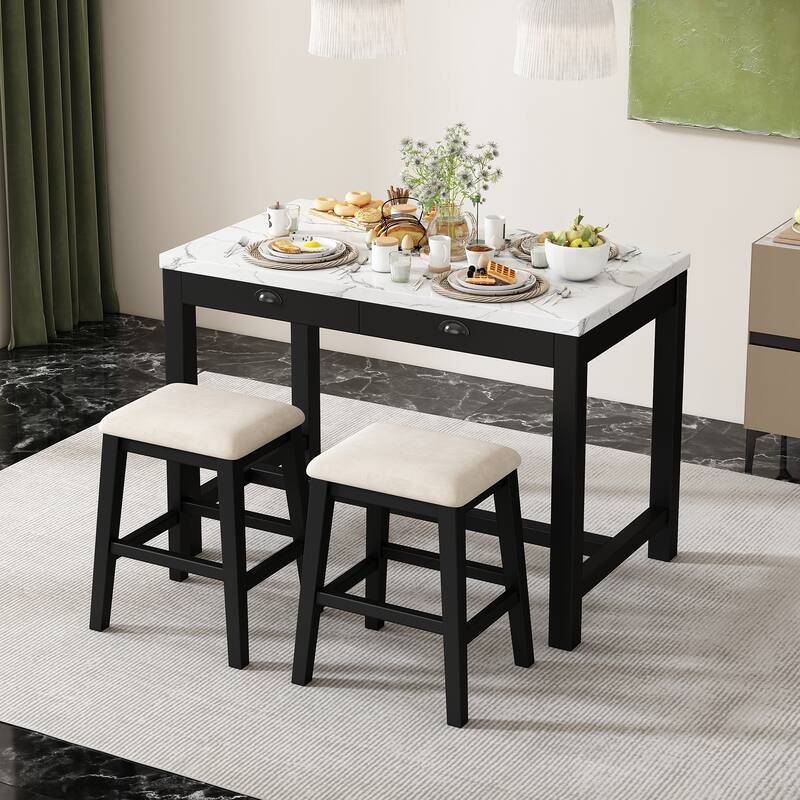 Modern Faux Marble Bar Table Set with Storage & Stools - 3-Piece Sets - Black