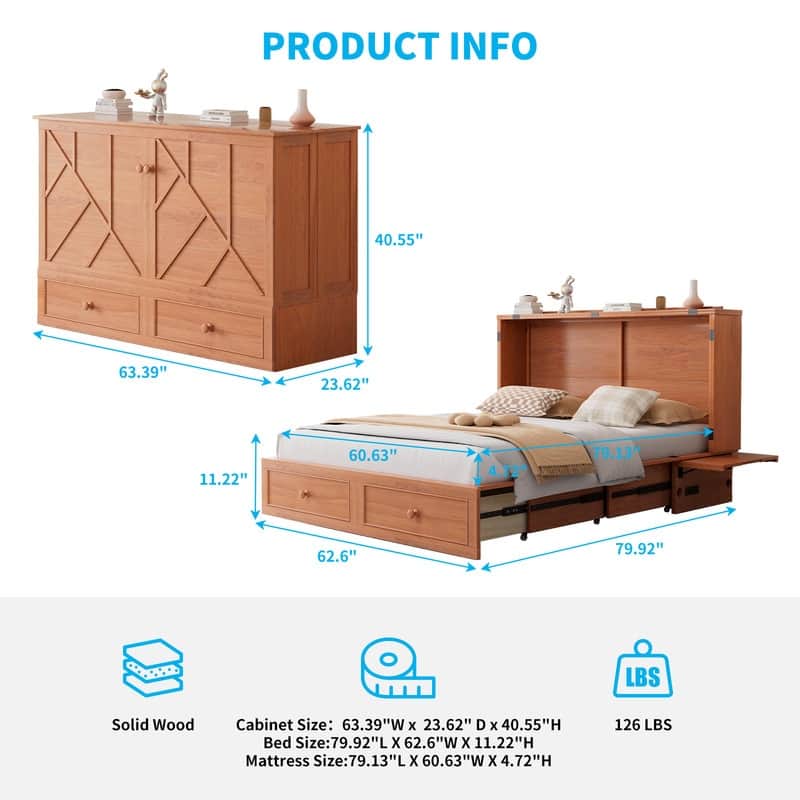 Mixoy Modern Queen Murphy Bed Chest with Foldable Mattress and USB ports