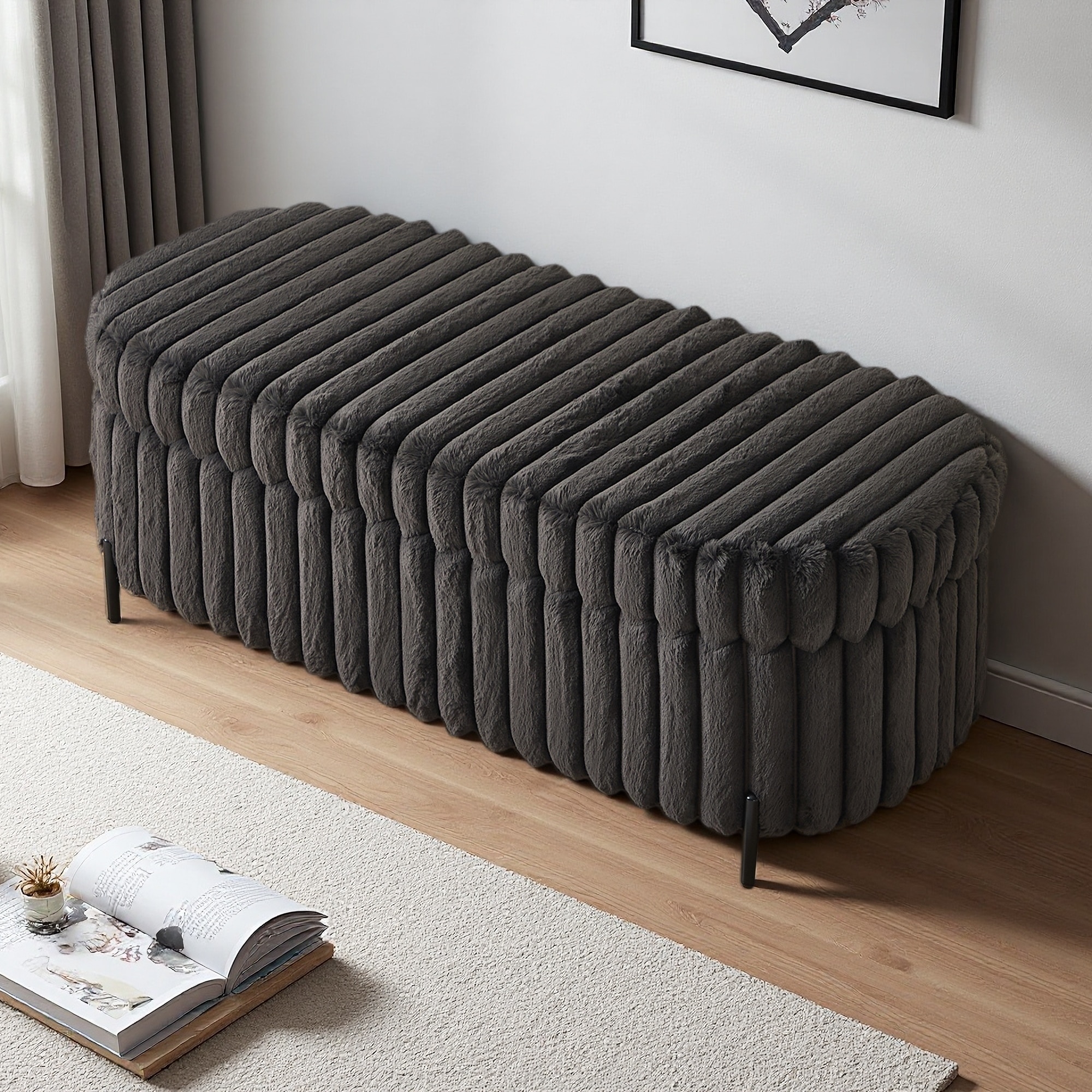 49.2"L Faux Fur Flip Top Storage Bench with Metal Legs, Plush Foot Rest for Living Room, Bedroom, Entryway, 275 lbs Capacity