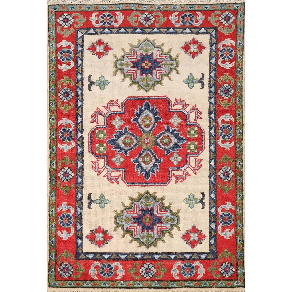 Traditional Kazak Oriental Rug Handmade Beige Wool Carpet - 2'0"x 3'0"