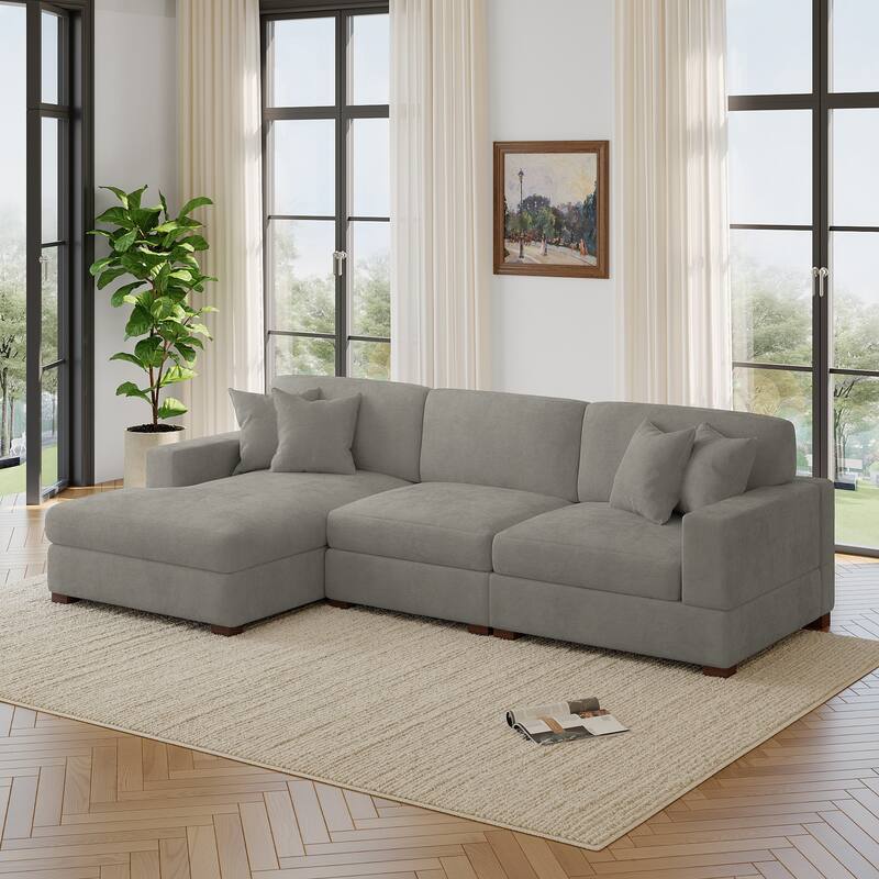 Oversized Modern Chenille Modular Sectional Sofa with Chaise - Left Facing - Grey-3 Piece