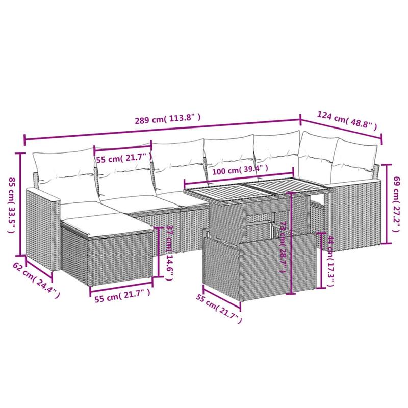 vidaXL Patio Sofa Set with Cushions Table and Stool 8 Piece Poly Rattan Acacia - 21.7 x 39.4 x 28.7 in