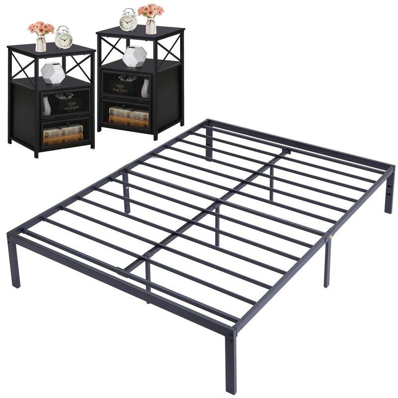 3 Piece Bedroom Set, 14.2-Inch Metal Bed Frame with Nightstand set of 2 - Black - Queen