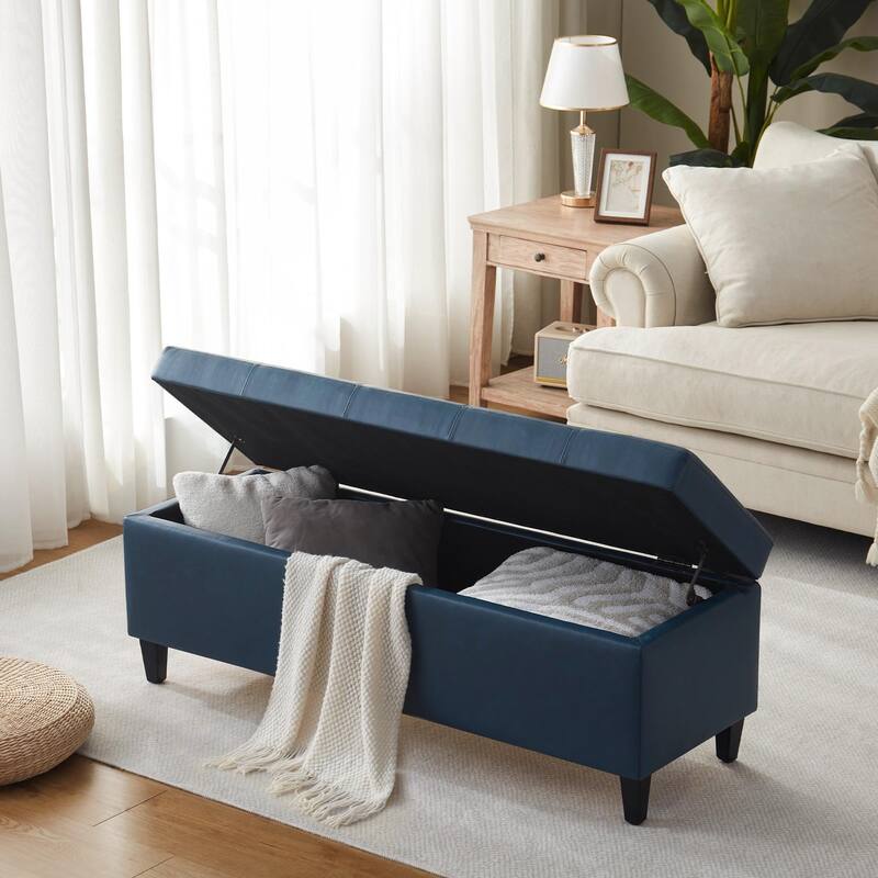Black Faux Leather Storage Bench, Modern Ottoman Entryway Bench with Hidden Compartment for Bedroom or Living Room - Blue