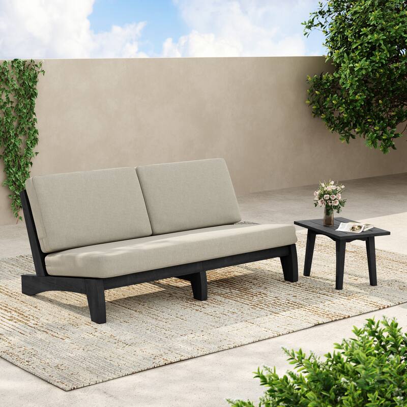 3-Seat Outdoor Sofa Set with Solid Wood Coffee Table, Weather-Resistant Cushions - Light Camel/Side Table - Black Wood
