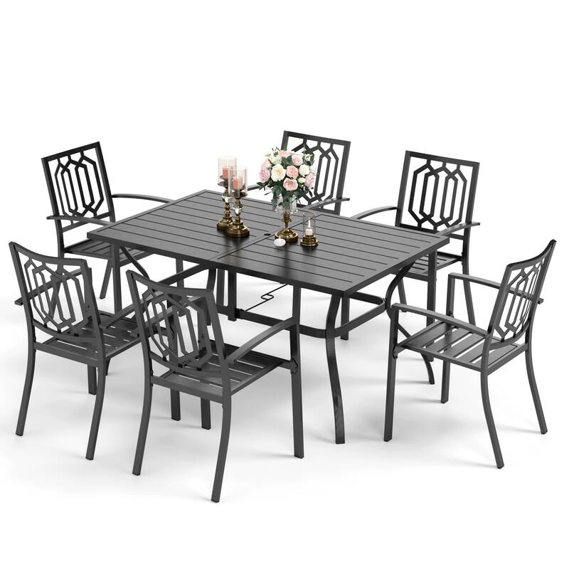 MAISON ARTS Patio Dining Set 7 Piece Metal Rectangle Table and 6 Metal Chairs