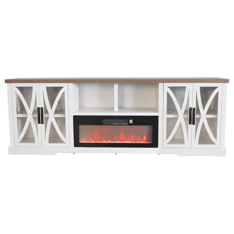 93" Farmhouse White Barn Door Storage Cabinets Fireplace TV Stand with 36" Electric Fireplace for TVs Up to 100"