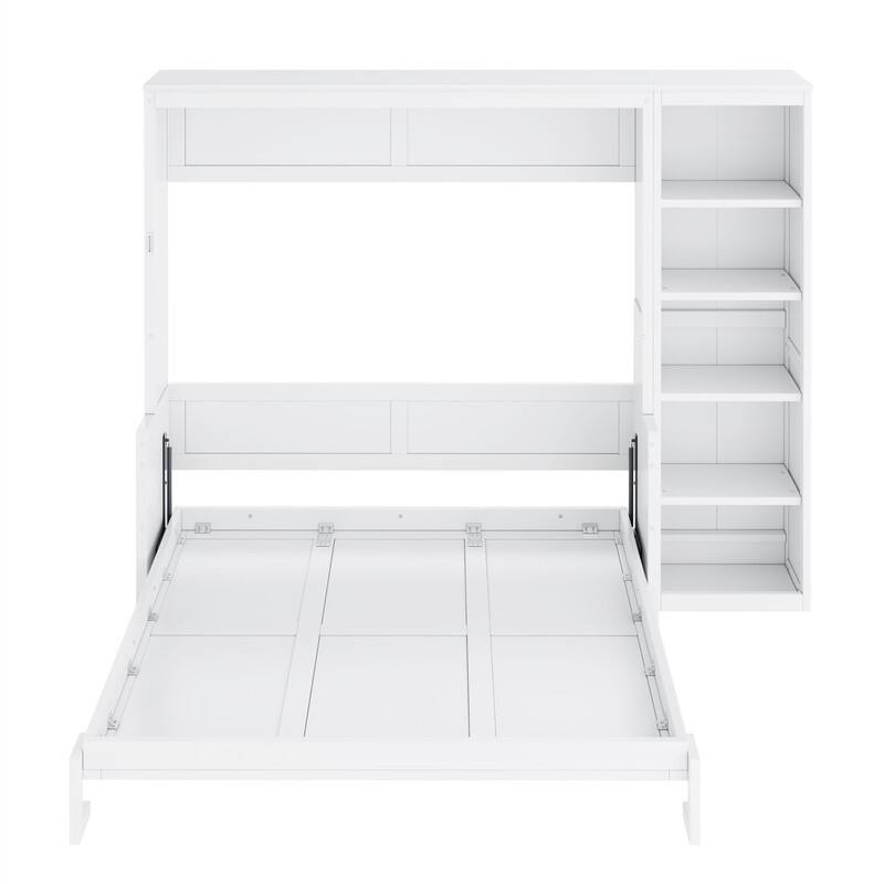 Full/Queen Size Murphy Bed with Bulit-in Desk and Bookshelf, Foldable Murphy Cabinet Bed with Open Storage Shelves