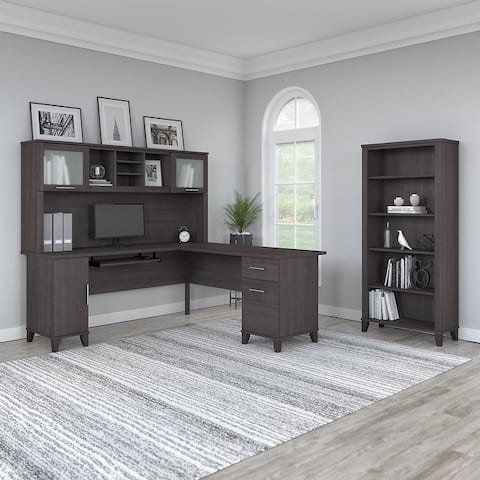 Somerset 72W L Shaped Desk with Hutch and 5 Shelf Bookcase in Ash Gray
