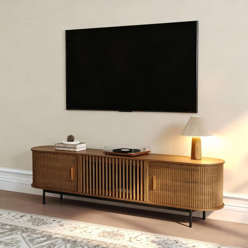 70" Wood TV Stand for TVs, Fluted Mid-Century Modern Media Entertainment Center with Hidden Storage - Brown
