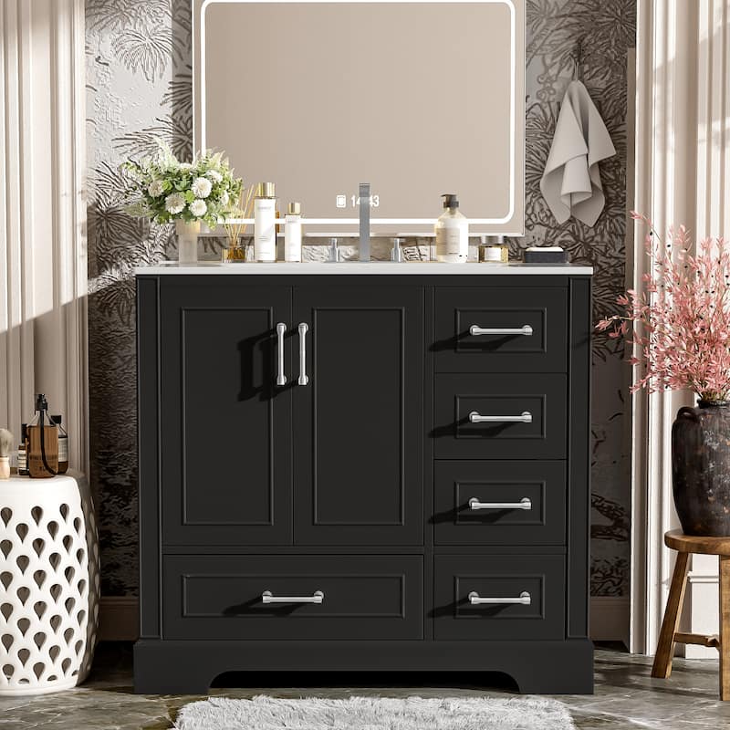 GDFStudio - Altair Wood & Ceramic 36" Traditional Bathroom Vanity with Sink, 2 Soft-Close Doors & 4 Drawers - 36" - Black