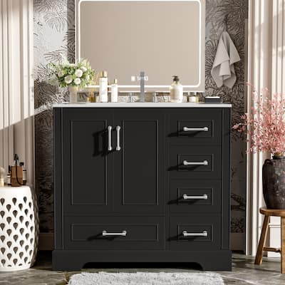 Roomfitters 36" Traditional Bathroom Vanity with Ceramic Sink, 2 Soft Close Doors and 4 Drawers