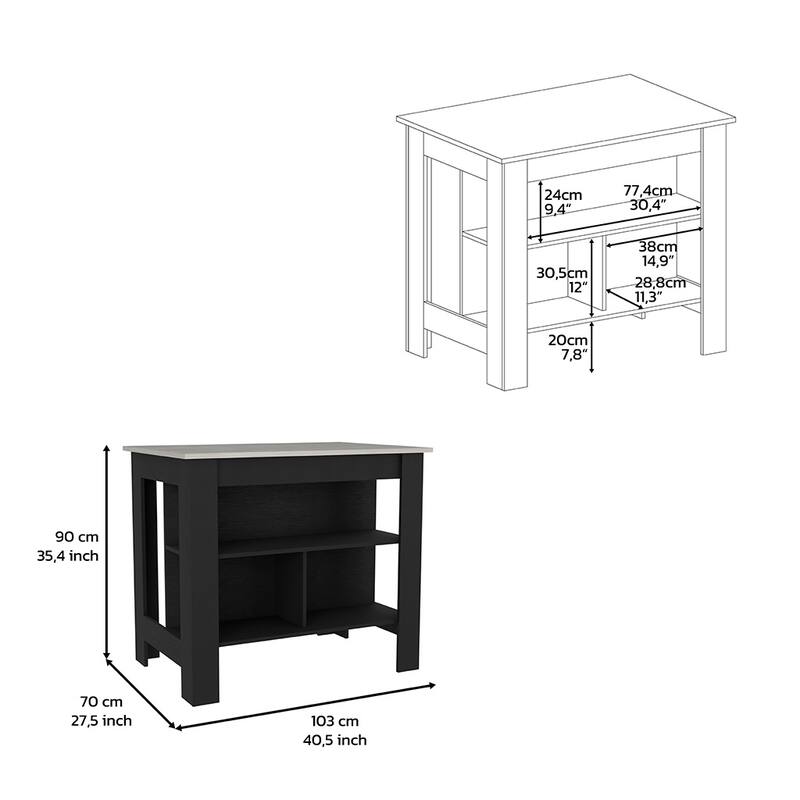 Kitchen Island, kitchen table 35" H, Four Legs, Three Open Storage Shelves