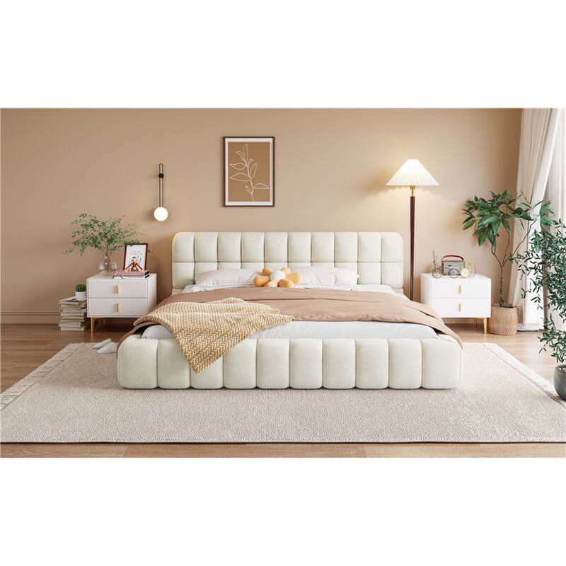 Roomfitters King Size Upholstered Platform Bed, Low Profile Fabric Bed Frame with Solid Wood Support