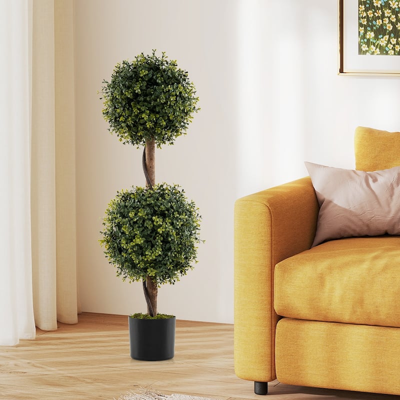 3 Feet Set of 2 Artificial Topiary Ball Trees Faux Shrubs with Birch Trunks for Indoor Outdoor Decor - 35.5"