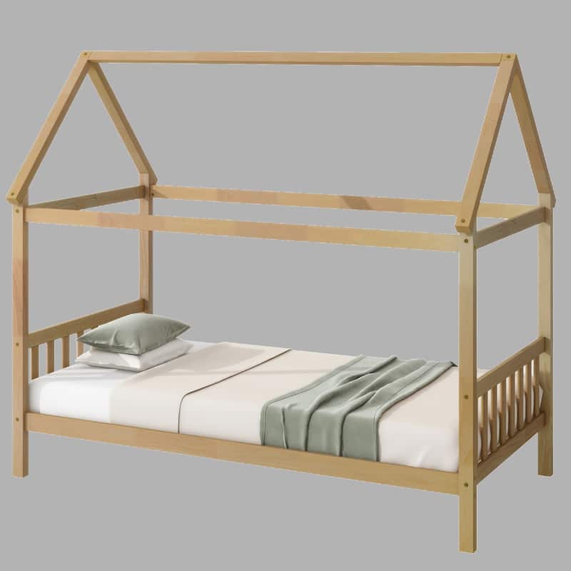 Stylish Twin House Bed with Headboard, Footboard, and Rubber Wood Frame for Kids Bedroom - White Oak - Twin