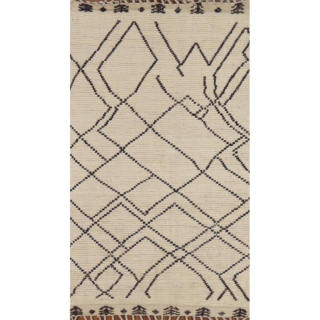 Ivory Striped Moroccan Oriental Rug Hand-Knotted Wool Carpet - 3'11"x 6'8"