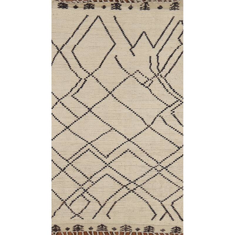 Ivory Striped Moroccan Oriental Rug Hand-Knotted Wool Carpet - 3'11"x 6'8"