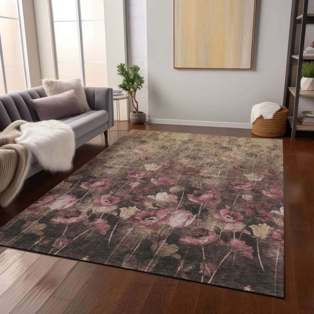 Machine Washable Indoor/ Outdoor Modern Floral Chantille Rug
