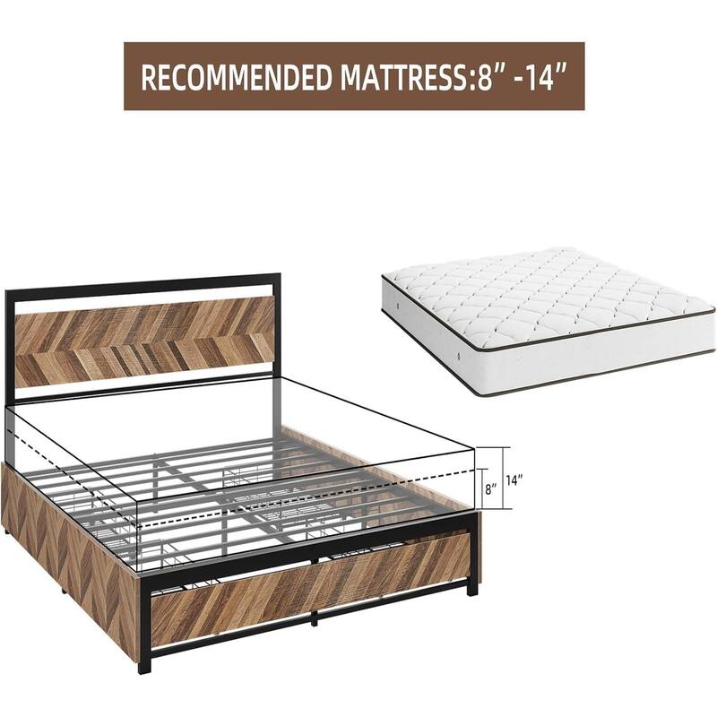 Metal Platform Bed Frame with Rustic Vintage Wood Headboard
