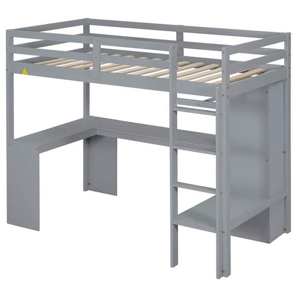 slide 2 of 20, Twin Size Loft Bed with L-shaped Desk,Wardrobe and Storage Shelves,Cottage Design Gray