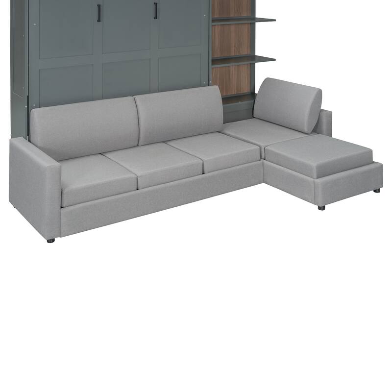 Queen Size Wall Bed with Sofa and Shelves, Gray