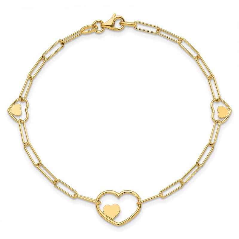Curata 14k Yellow Gold 7.25" 14.3mm Paperclip Link Double Heart Bracelet